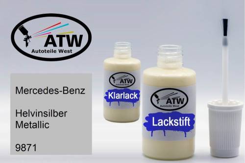 Mercedes-Benz, Helvinsilber Metallic, 9871: 20ml Lackstift + 20ml Klarlack - Set, von ATW Autoteile West.